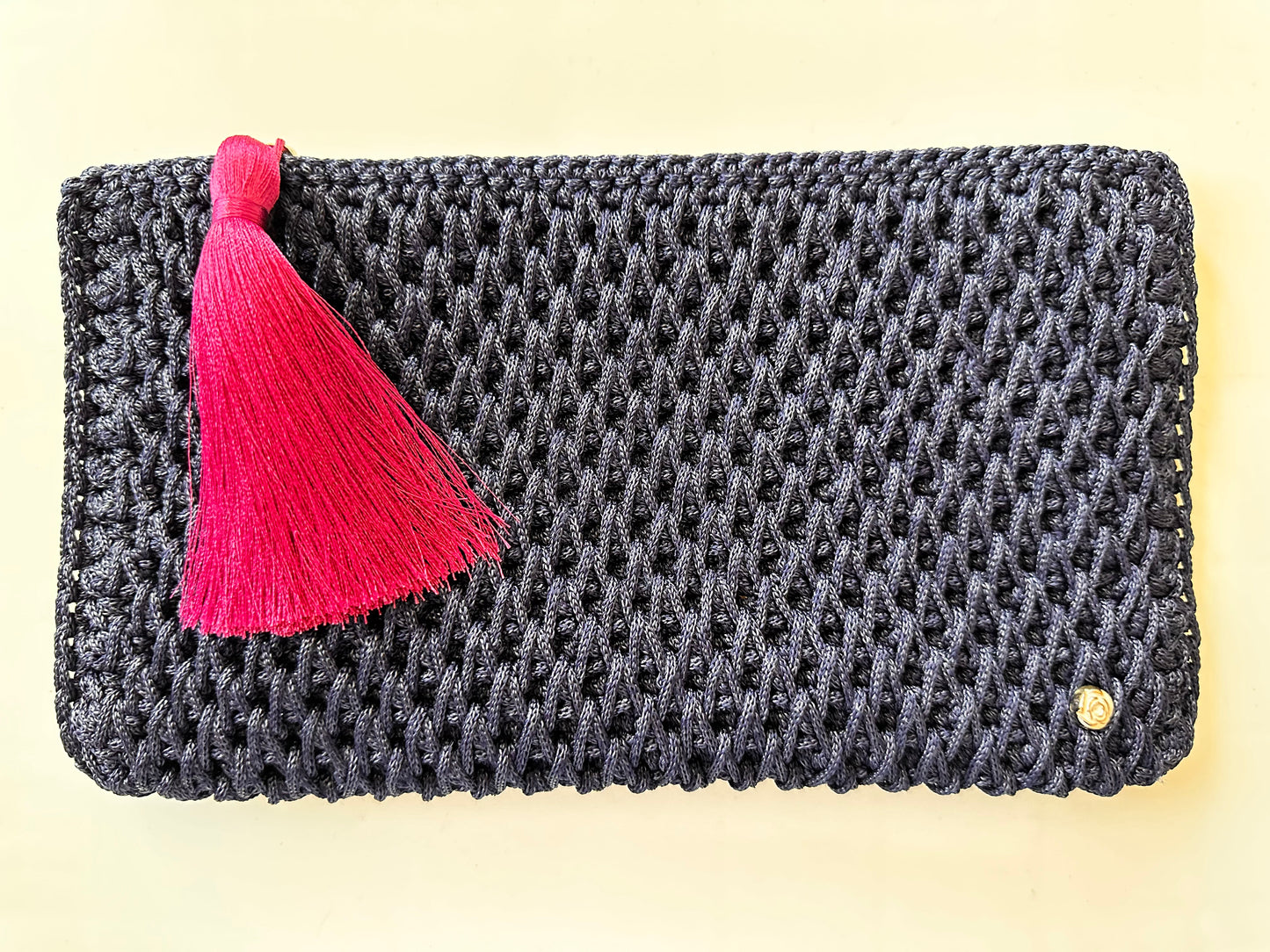 Navy Hand-Crocheted Luxury Clutch Bag with Pink Tassel Detail