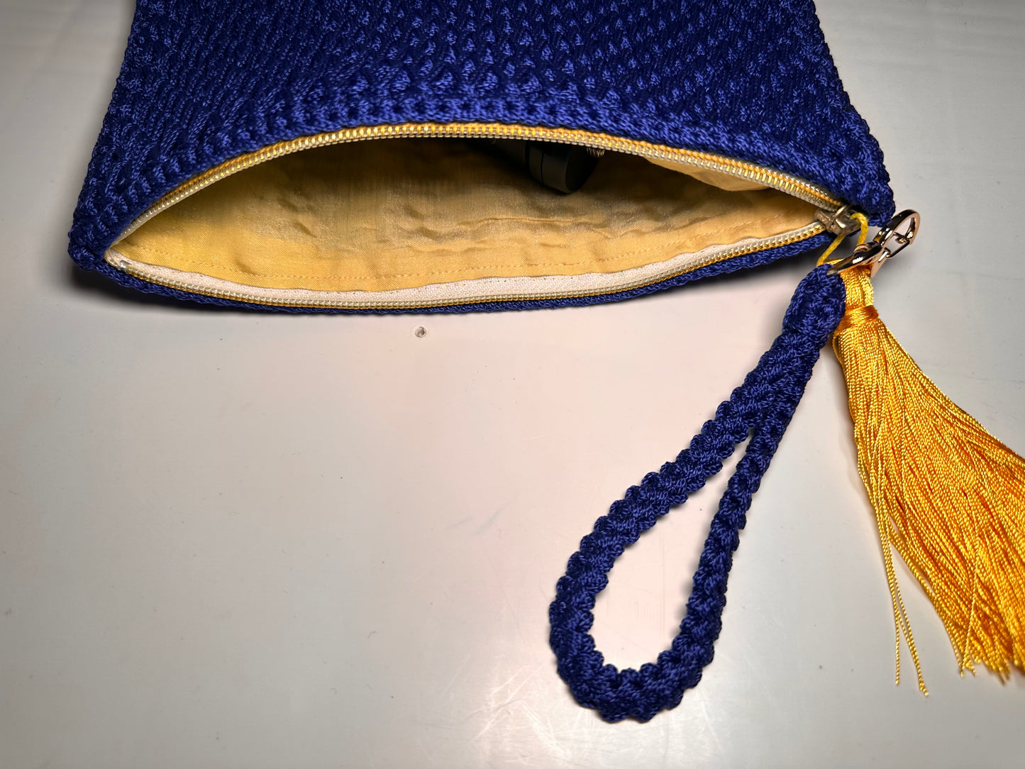 Blue Hand-Crocheted Luxury Clutch Bag with Yellow Tassel Detail