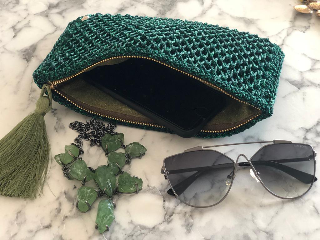 Green Hand-Crocheted Luxury Clutch Bag with Glitter Detail