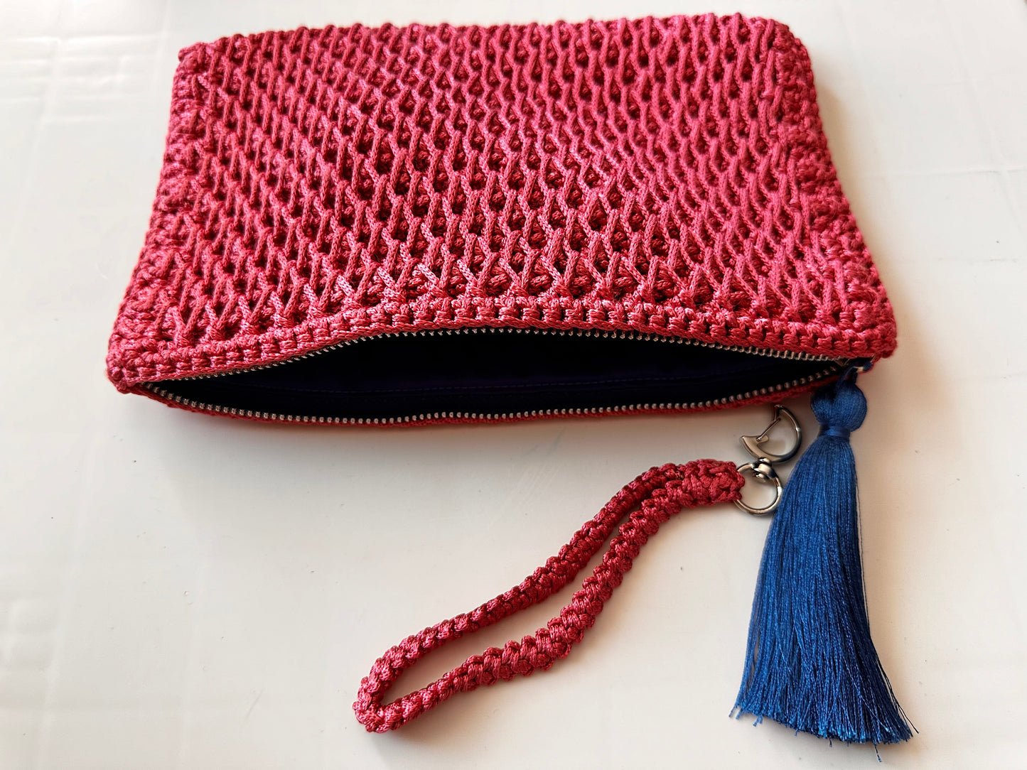 Dusty Rose Color Hand-Crocheted Luxury Clutch Bag with Blue Tassel Detail