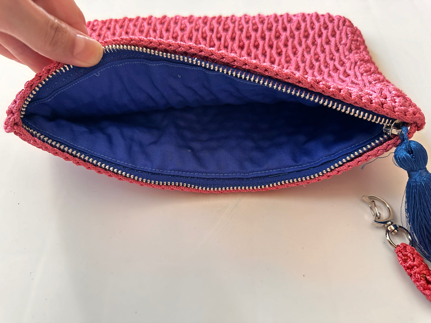 Dusty Rose Color Hand-Crocheted Luxury Clutch Bag with Blue Tassel Detail