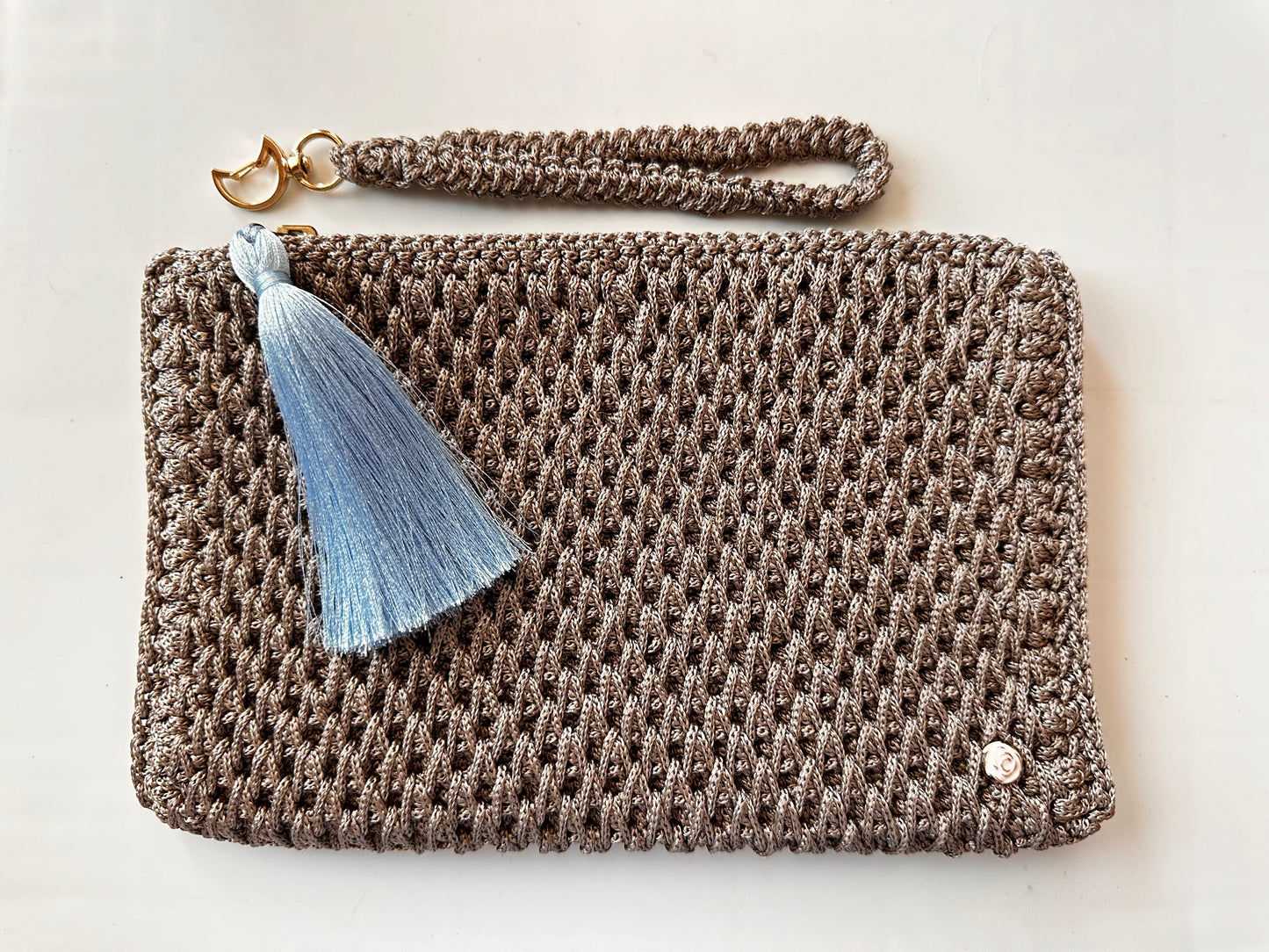 Gray Hand-Crocheted Luxury Clutch Bag with Blue Tassel Detail