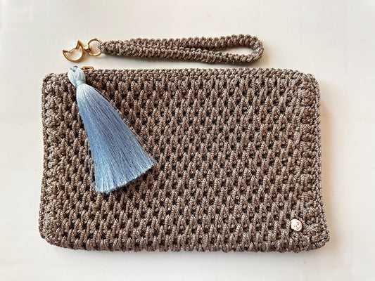 Gray Hand-Crocheted Luxury Clutch Bag with Blue Tassel Detail