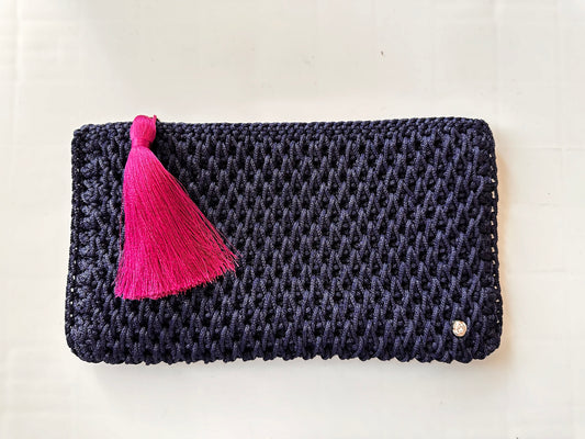 Navy Hand-Crocheted Luxury Clutch Bag with Pink Tassel Detail