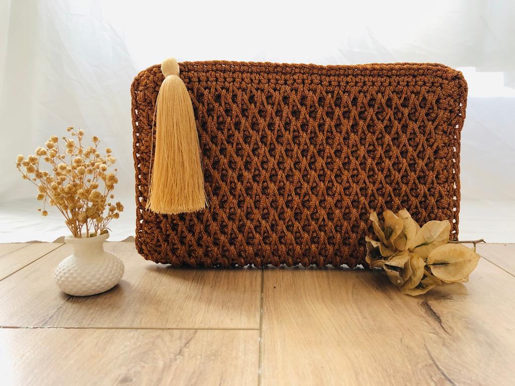 Glittered Detailed Mustard  Hand-Crocheted Luxury Clutch Bag