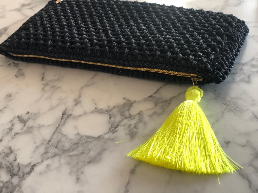 Black Hand Crocheted Luxury Clutch Bag with Yellow Tassel Detail