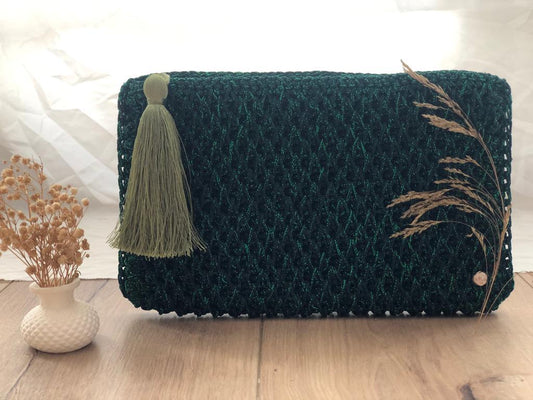 Green Hand-Crocheted Luxury Clutch Bag with Glitter Detail