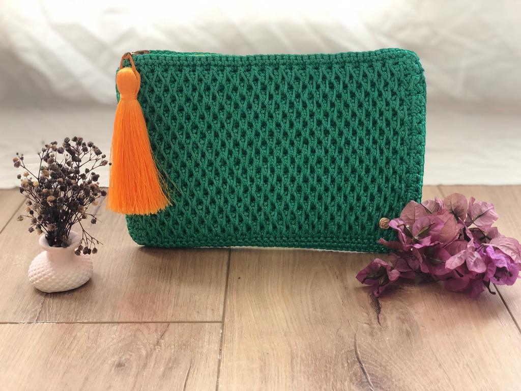 Green Hand-Crocheted Luxury Clutch Bag With Orange Tassel Detail